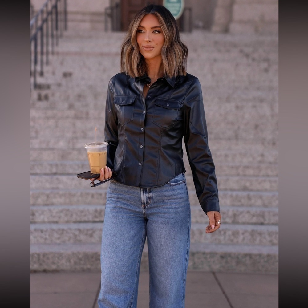 Love Tree Sleek Button Down Top Size Large Black Faux Leather Collared Neckline